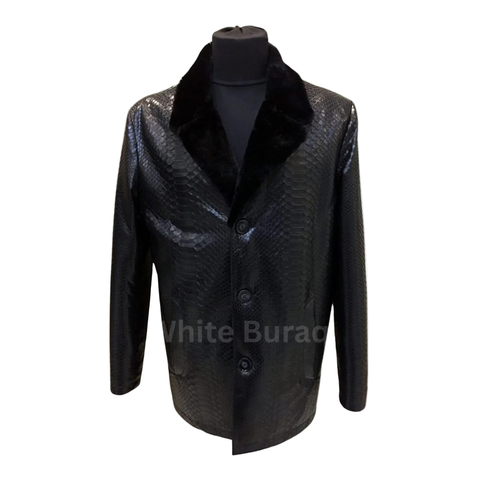 Black textured coat on a mannequin 