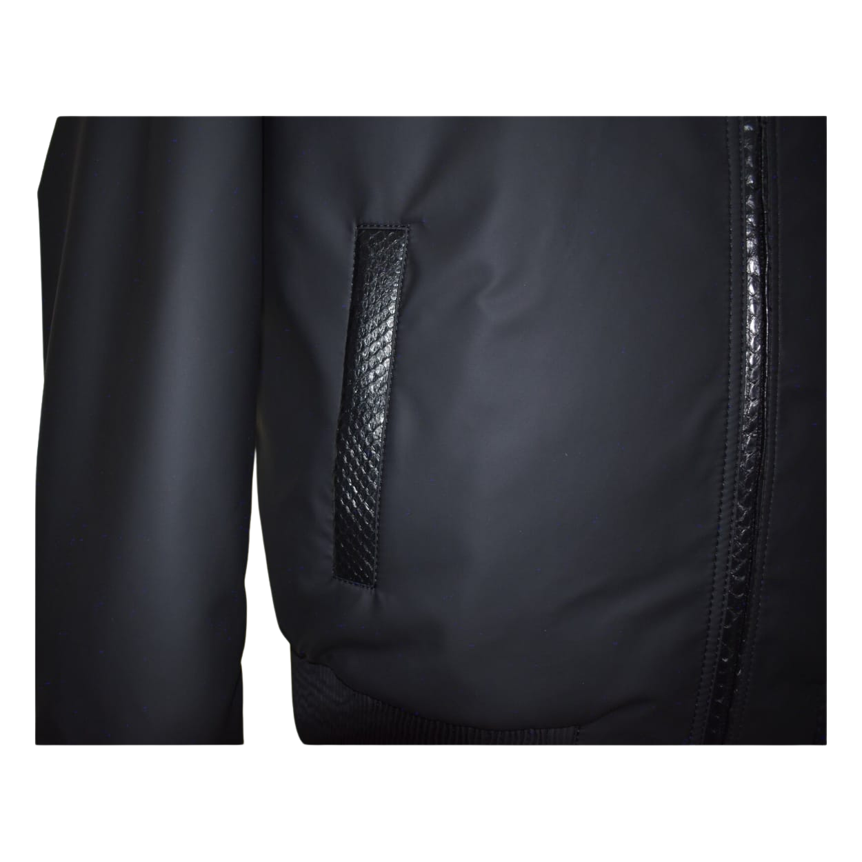 Close-up of a black jacket with textured patch 