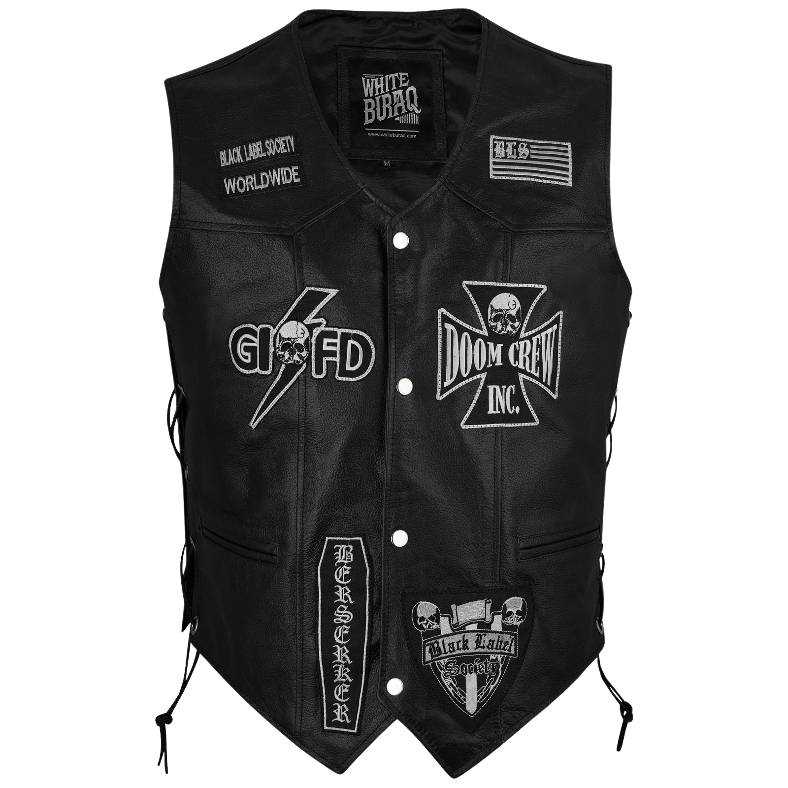 Black leather vest with various patches and branding 