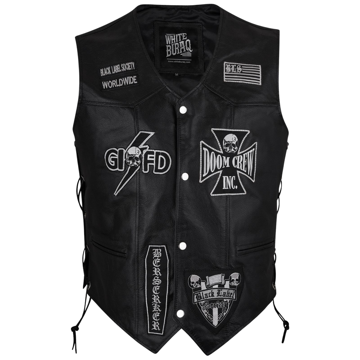 Black leather vest with various patches and branding 