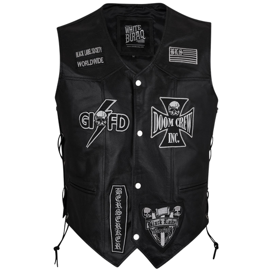 Black leather vest with various patches and branding 