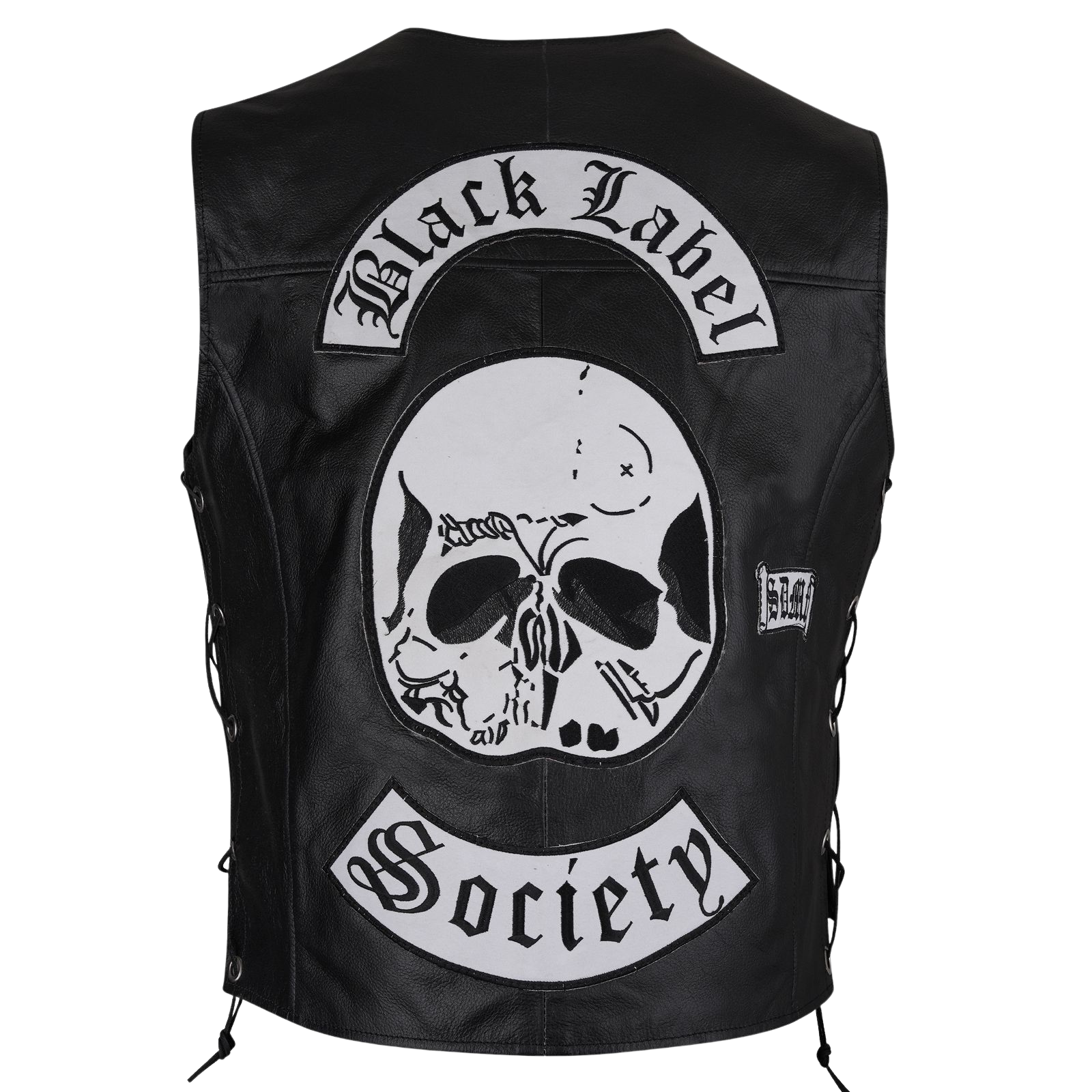 Black leather vest with skull design and 'Black Label Society' branding 