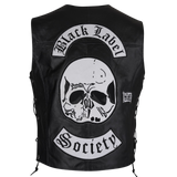 Black leather vest with skull design and 'Black Label Society' branding 