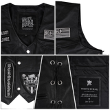 Black leather vest with various logos and text 