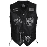 Black leather vest with various patches and branding 