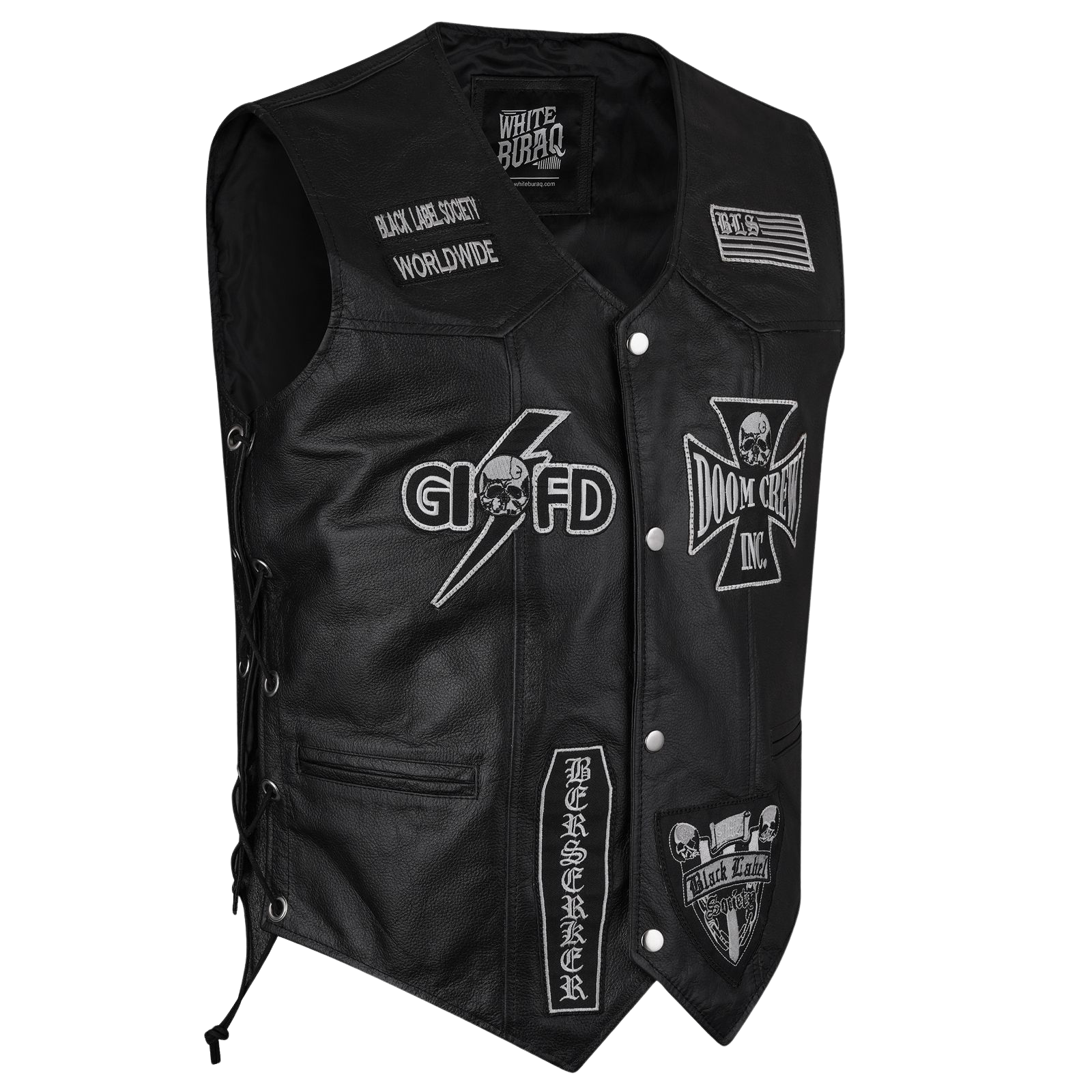 Black leather vest with various patches and branding 