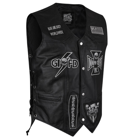 Black leather vest with various patches and branding 