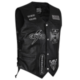 Black leather vest with various patches and branding 