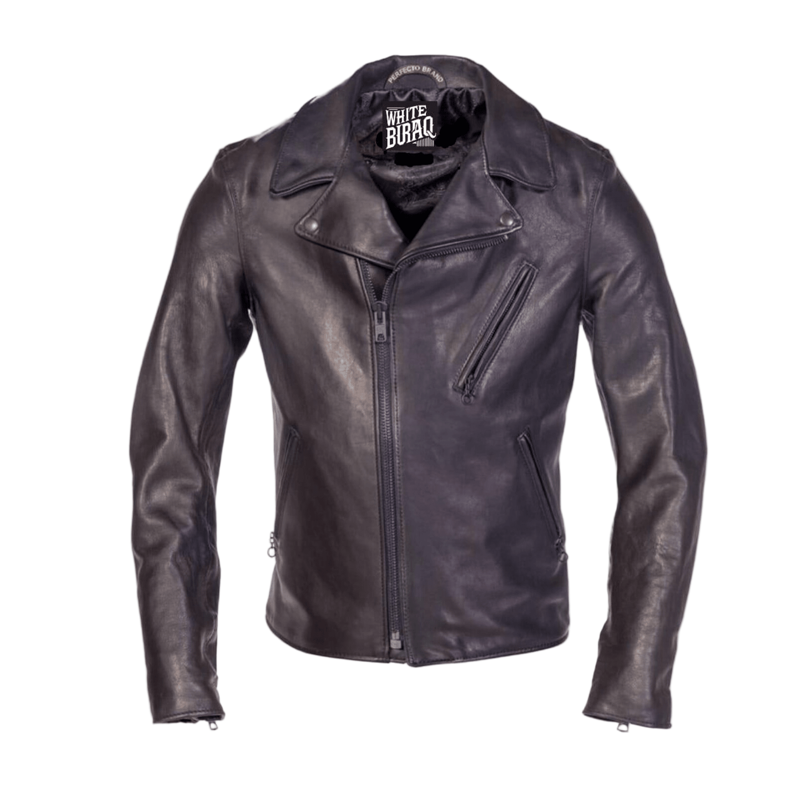 Black leather jacket with a brand logo 
