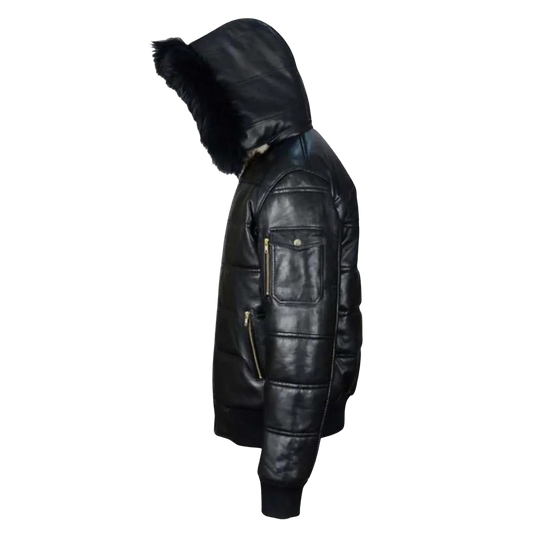 Black Leather Puffer Jacket