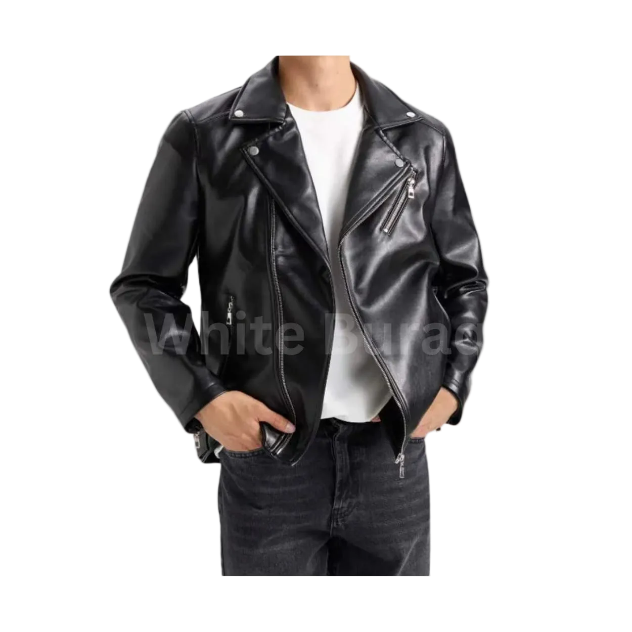 Black leather jacket worn 