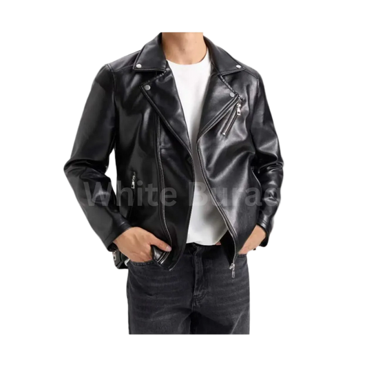 Black leather jacket worn 