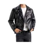 Black leather jacket worn 