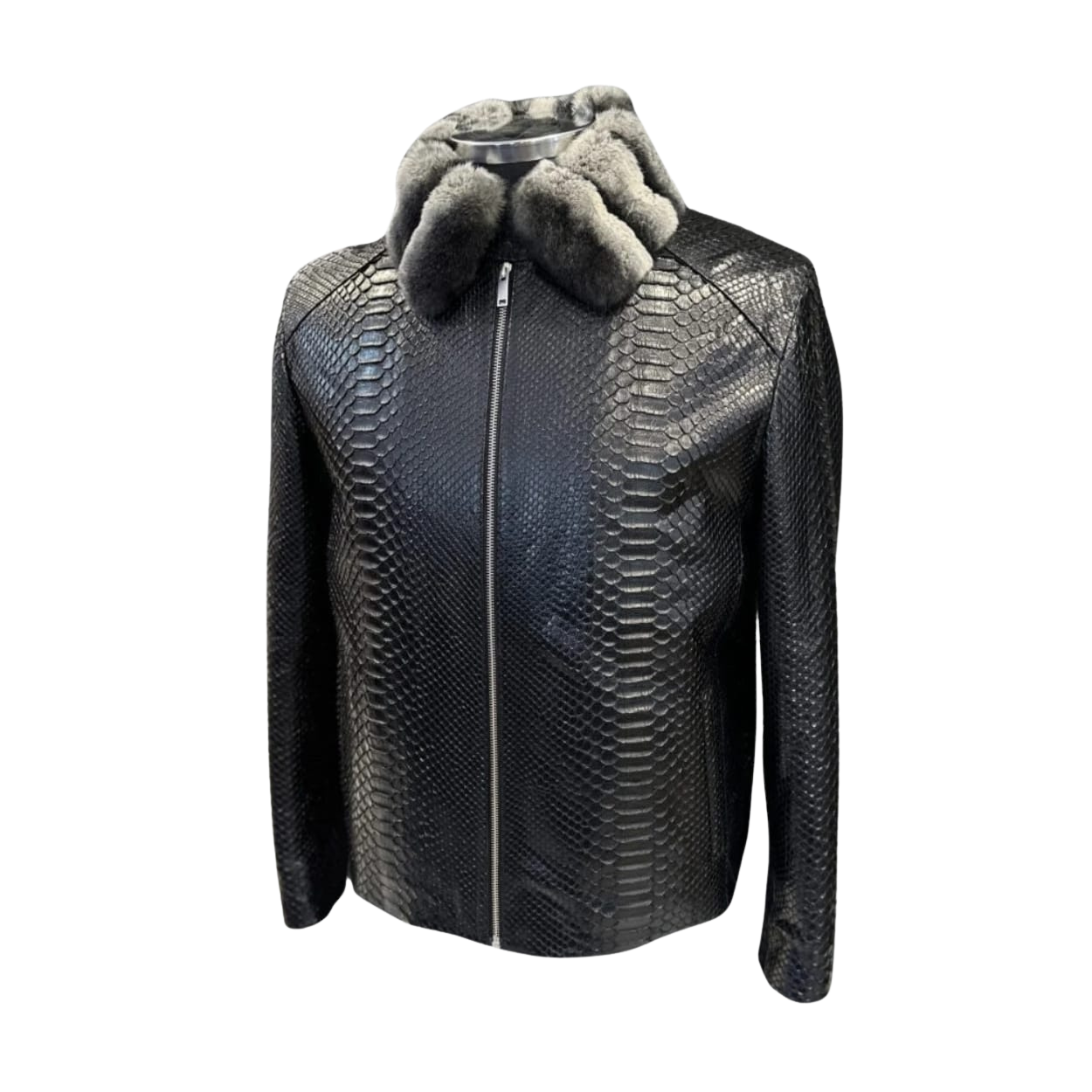 Black textured jacket with fur-lined hood 