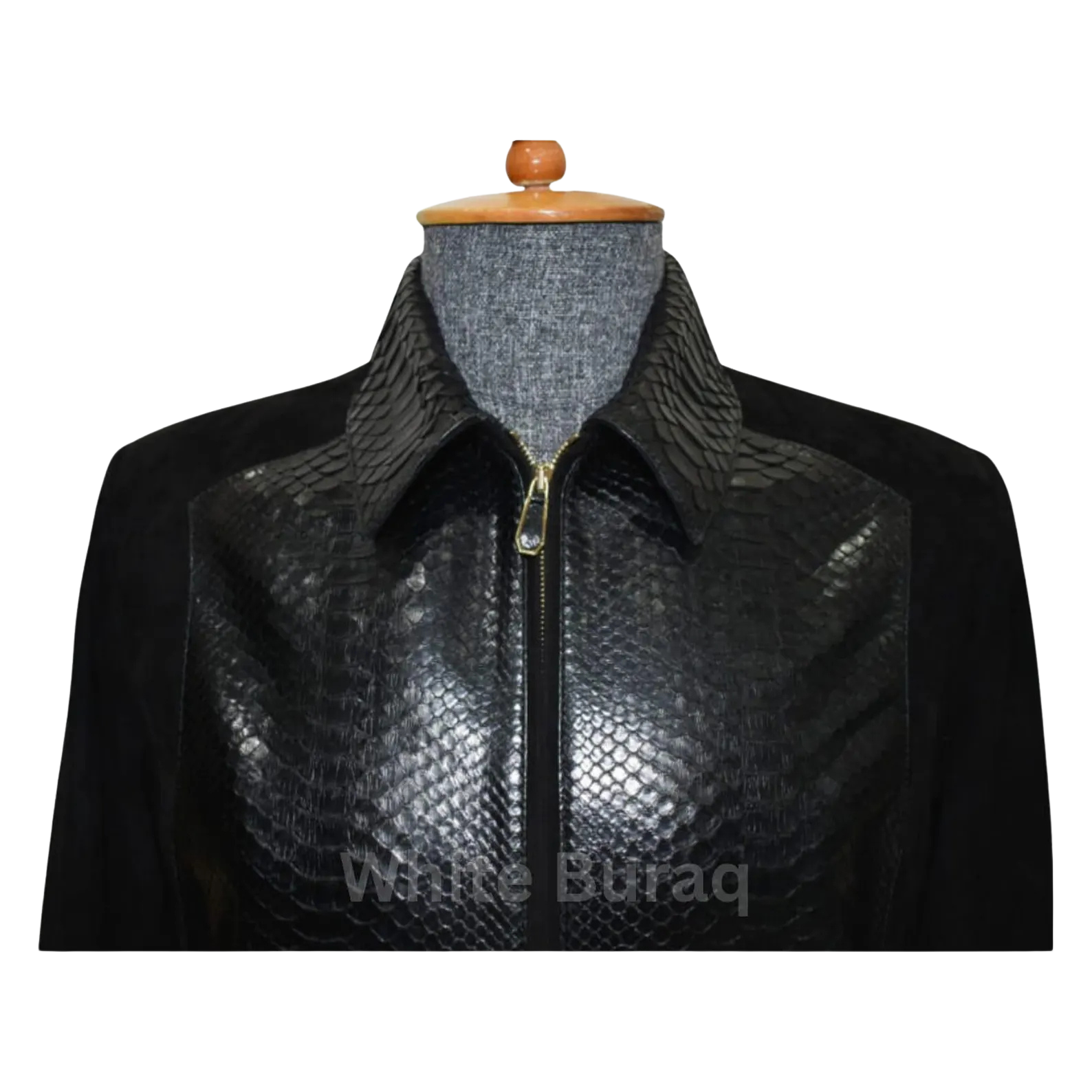 Black leather jacket with snake skin pattern on a mannequin 