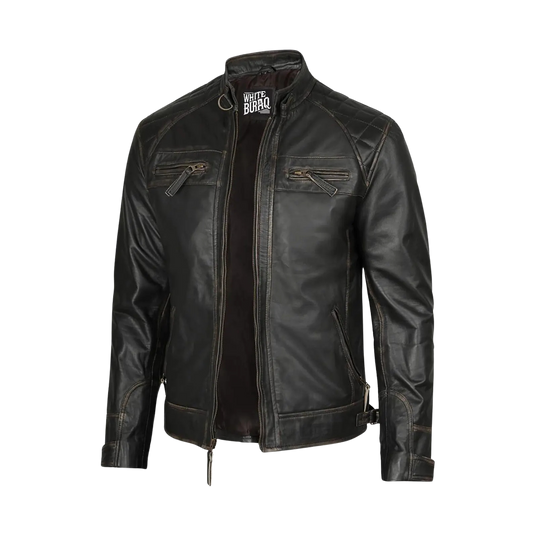 Black leather jacket with visible branding 