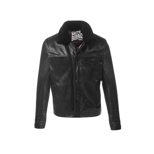 Black leather jacket with fur collar 