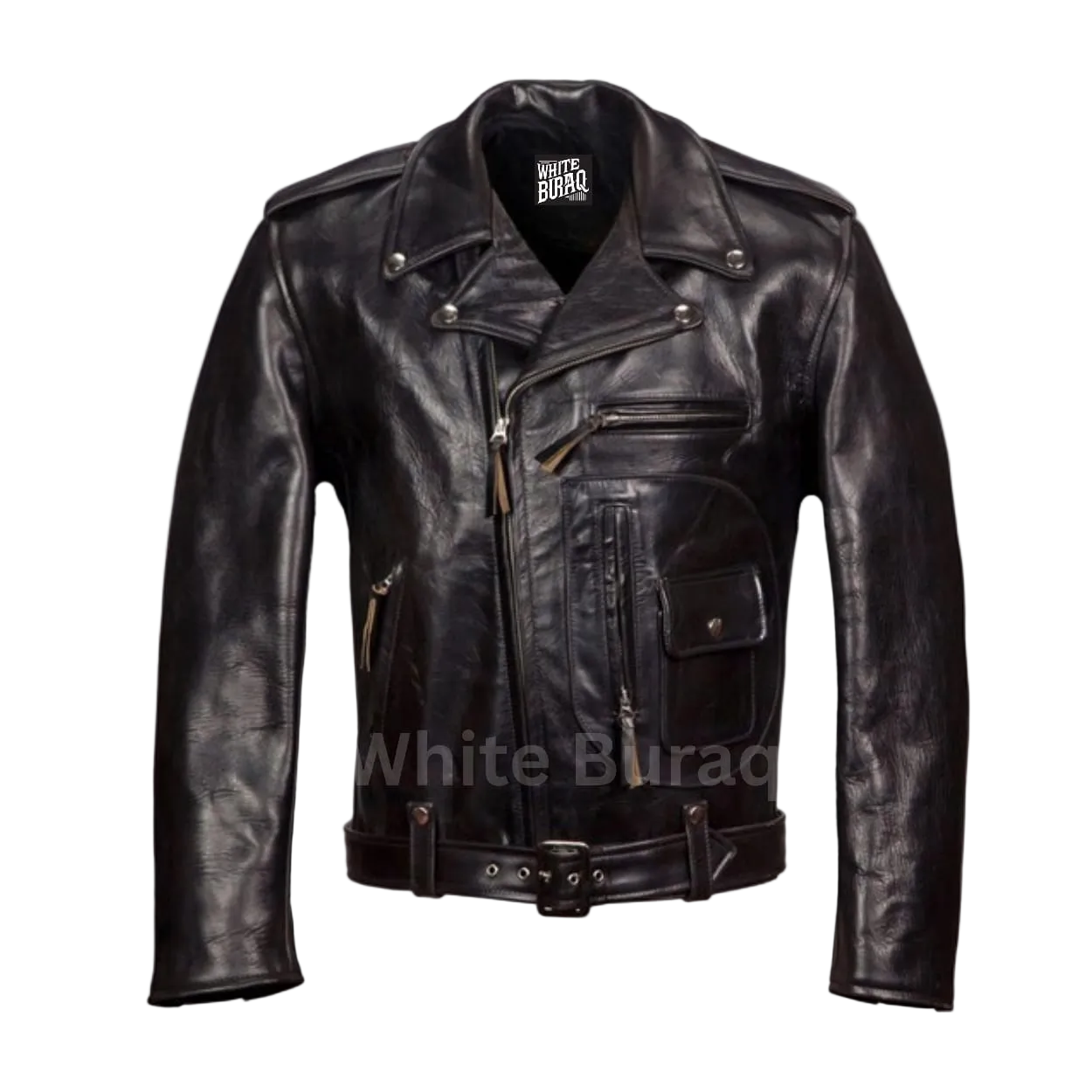 Black leather jacket with multiple zippers and buttons 