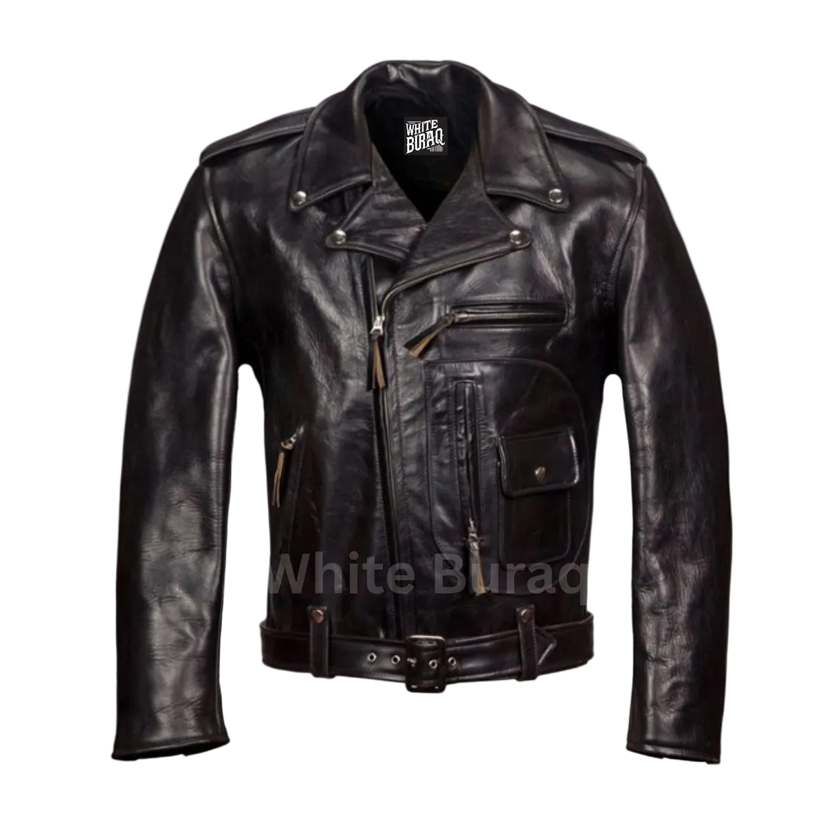 Black leather jacket with multiple zippers and buttons 