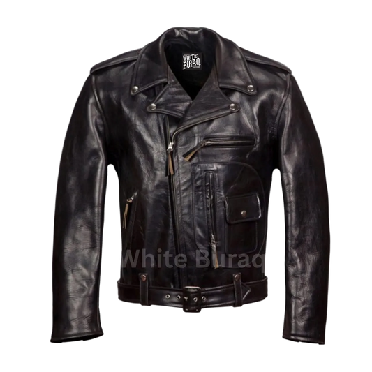 Black leather jacket with multiple zippers and buttons 