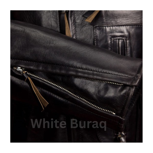 Close-up of a black leather jacket 