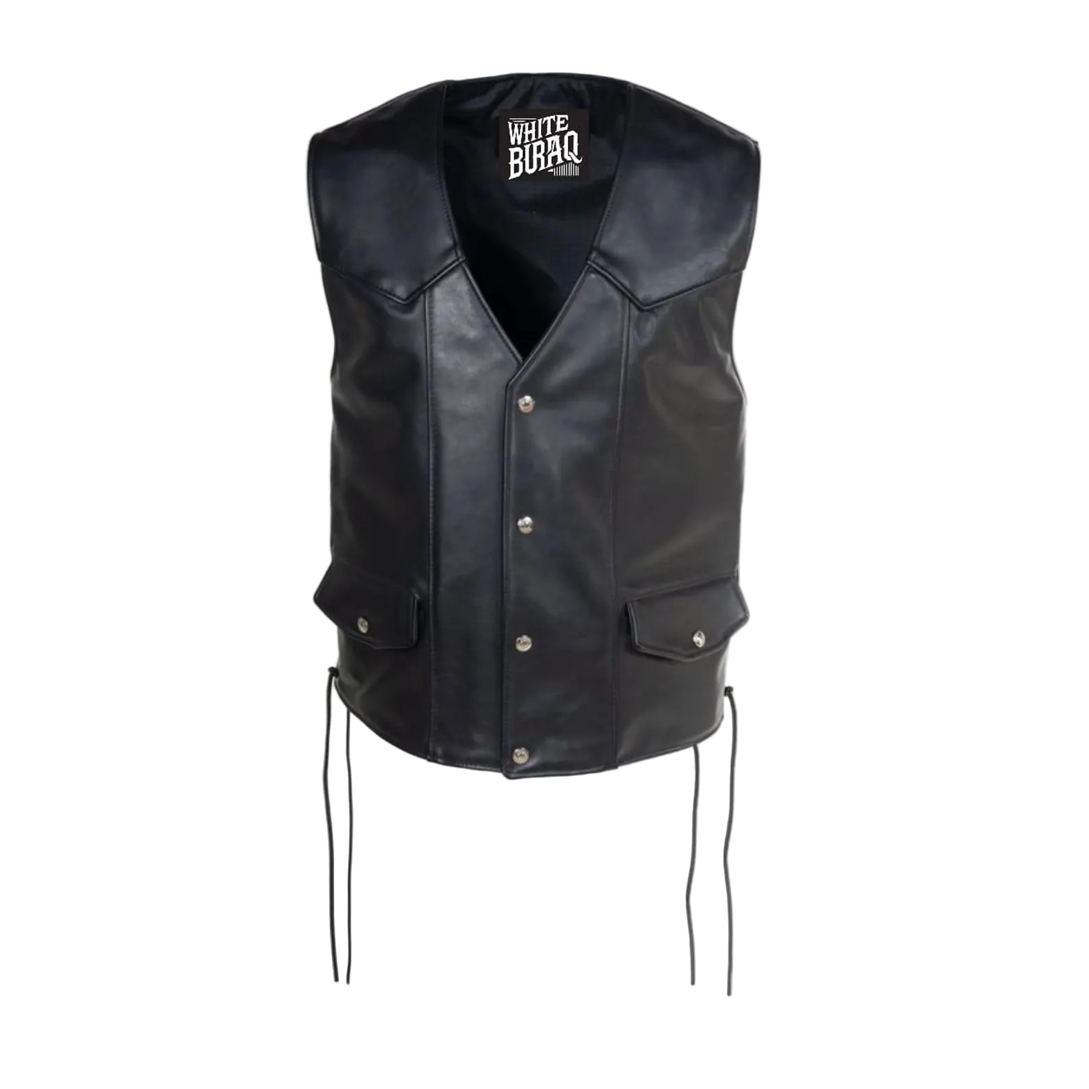 Black leather vest with visible branding on a white background