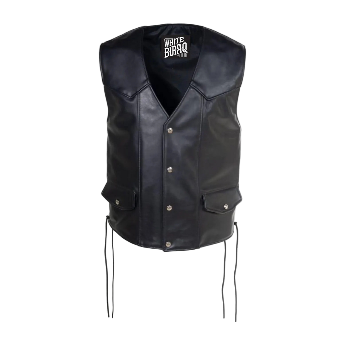 Black leather vest with visible branding on a white background