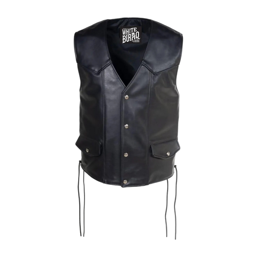Black leather vest with visible branding on a white background