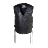 Black leather vest with visible branding on a white background