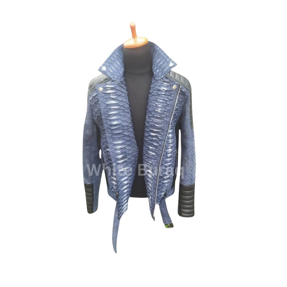 Men's Navy Python Leather Biker Jacket in navy blue, second view