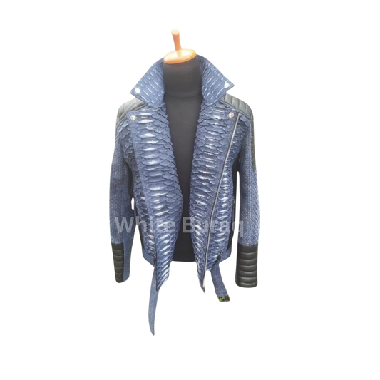 Blue Biker Python Leather Jacket 