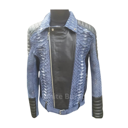 Blue Biker Python Leather Jacket