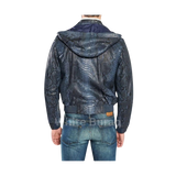 Blue patterned jacket worn by a person 