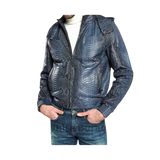 Blue textured jacket worn by a person 