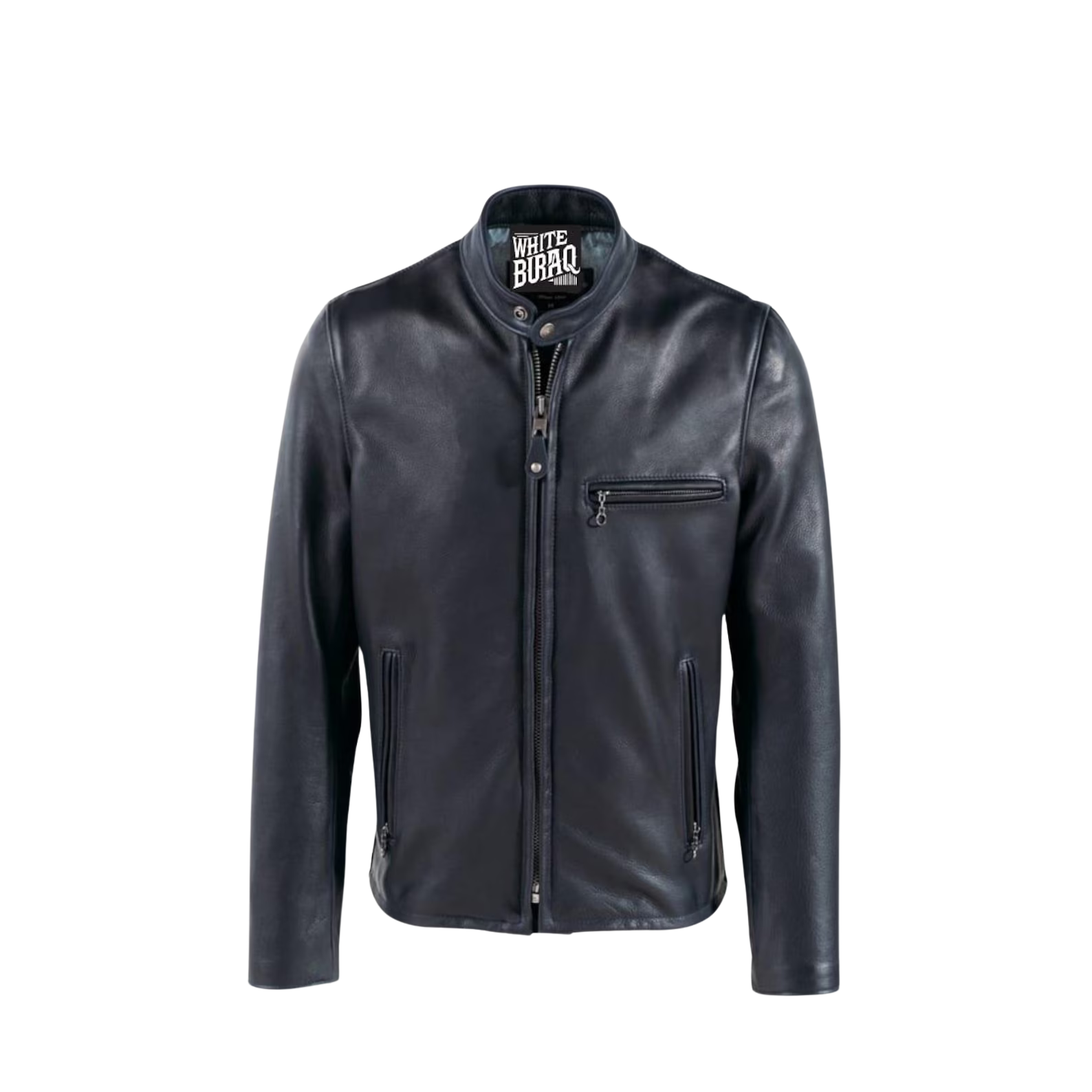 Blue leather jacket with a brand logo 