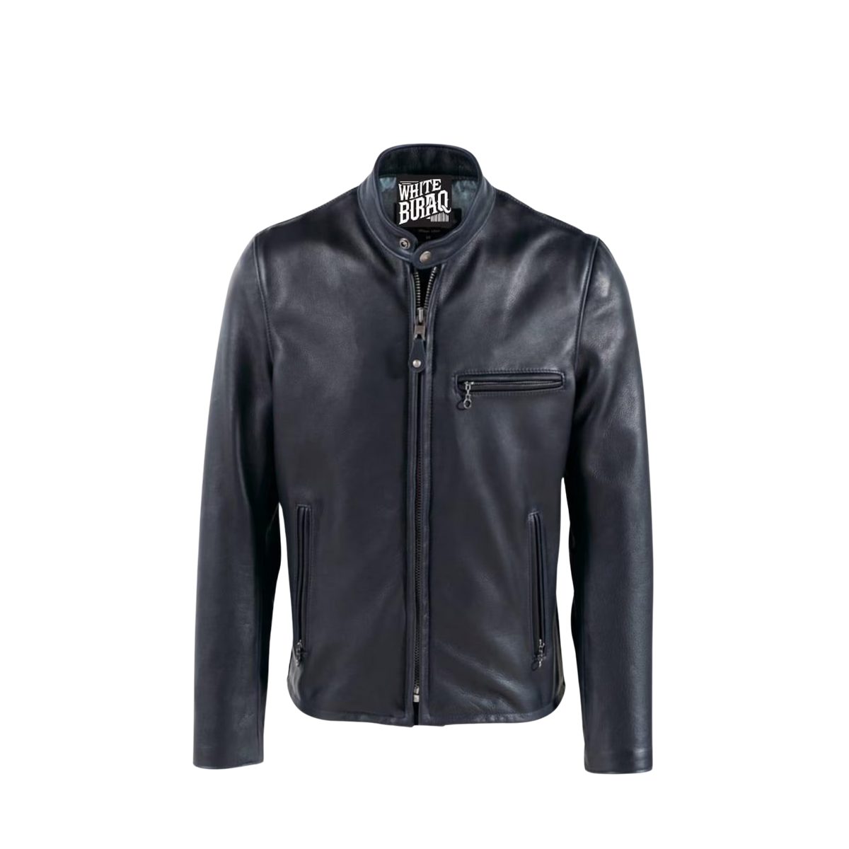 Blue leather jacket with a brand logo 