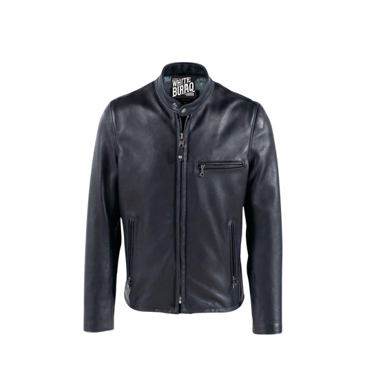 Blue leather jacket with a brand logo 