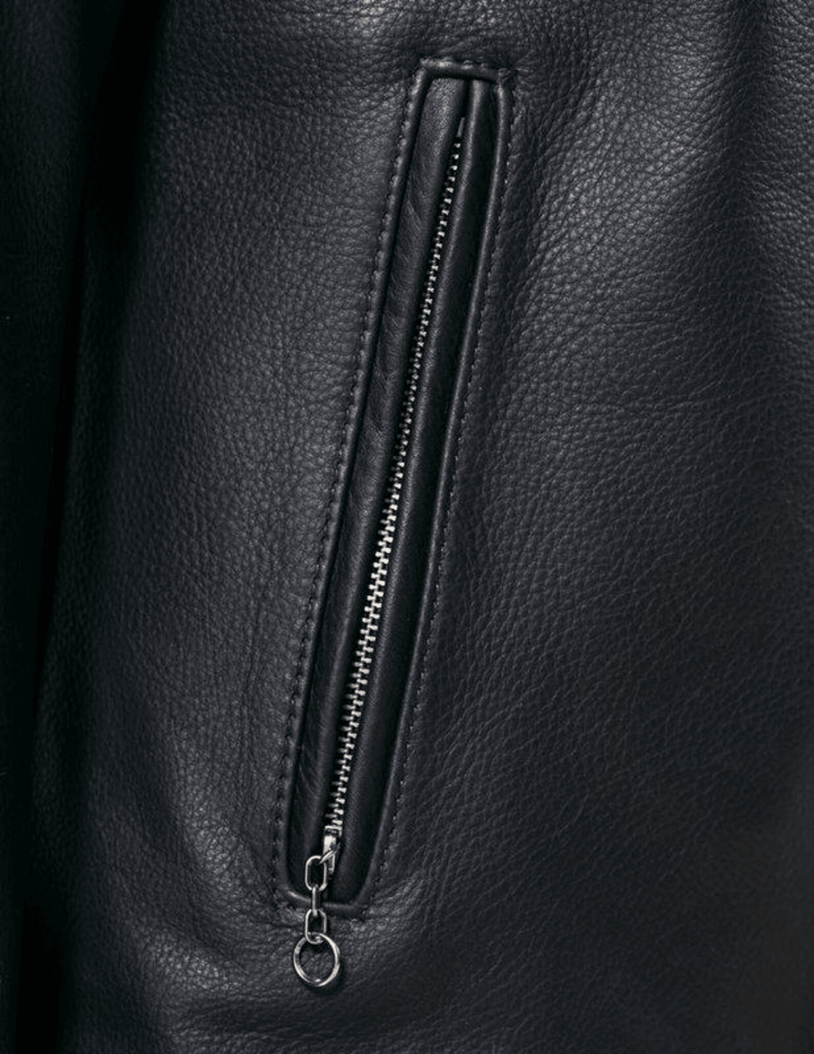 Close-up of a blue leather jacket with a zipper