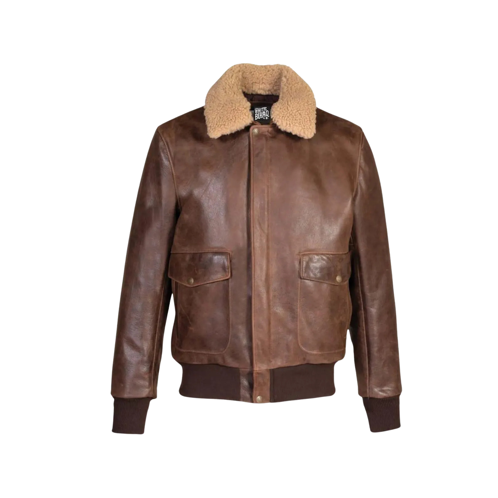 Brown leather jacket with fur collar on a white background