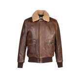 Brown leather jacket with fur collar on a white background