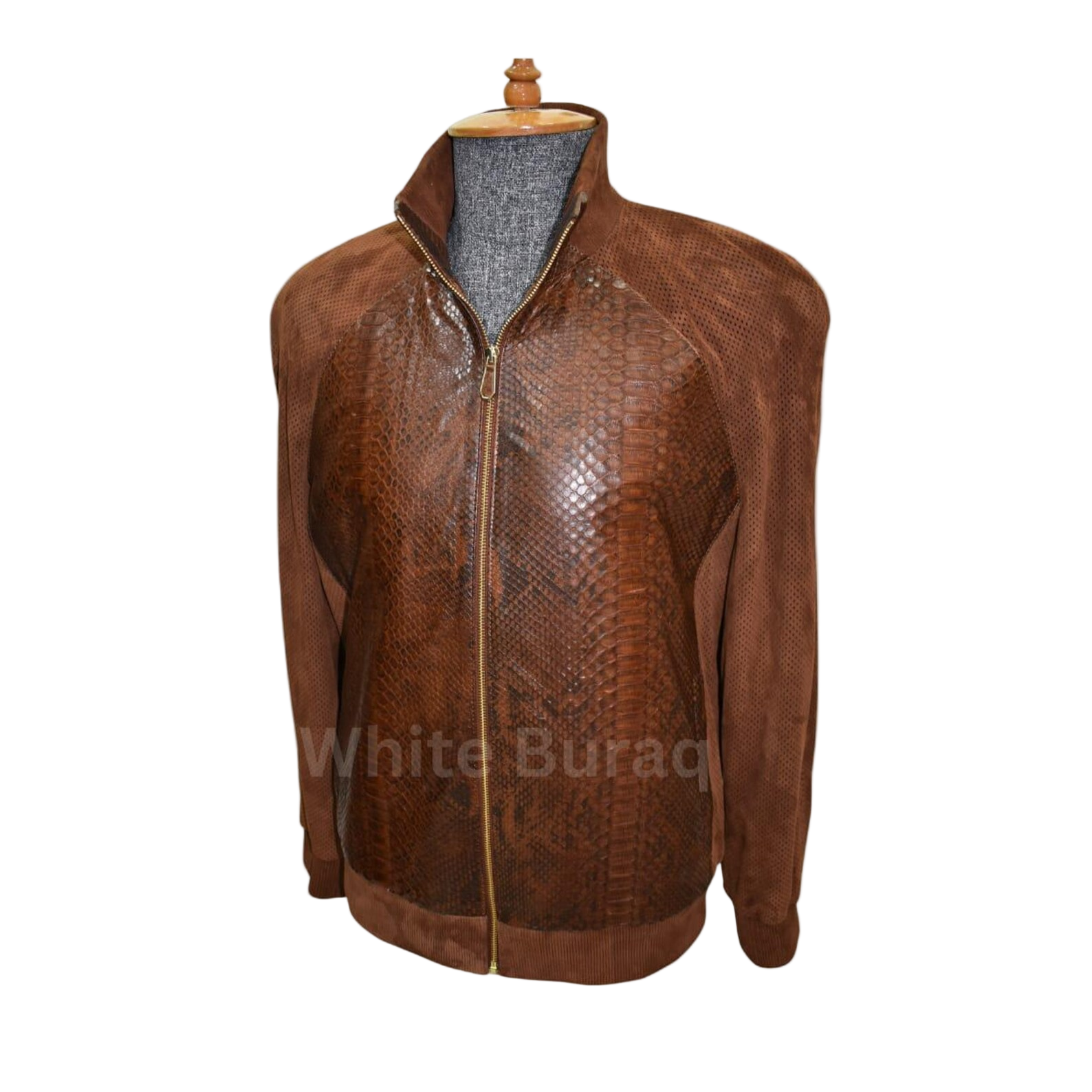 Brown leather jacket with snake skin pattern on a mannequin 
