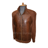 Brown leather jacket with snake skin pattern on a mannequin 