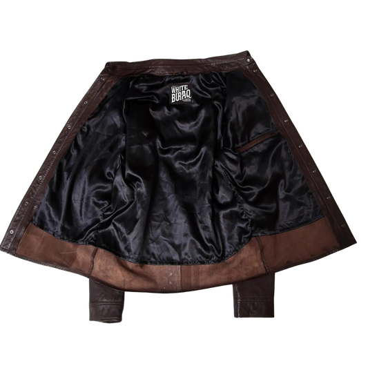 Black leather jacket with brown trim 
