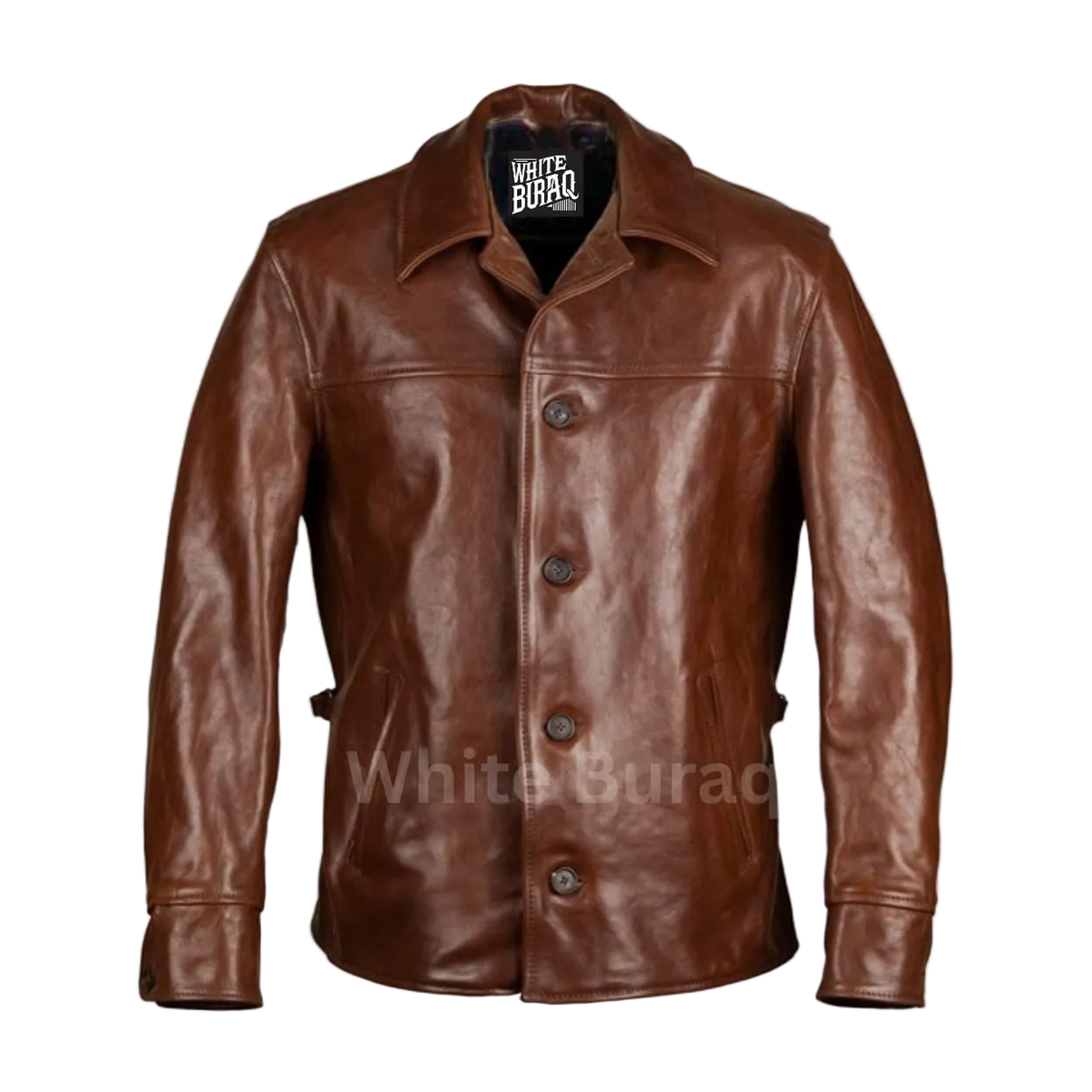 Brown leather jacket with visible brand label 