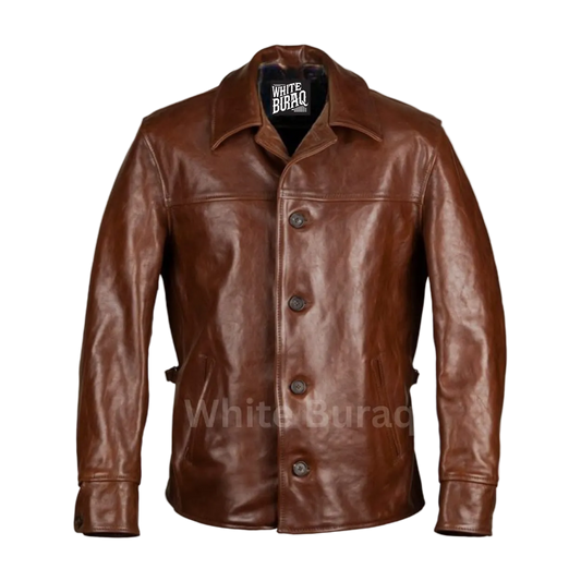 Brown leather jacket with visible brand label 
