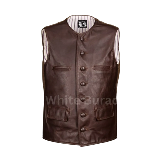Brown leather vest with button details 