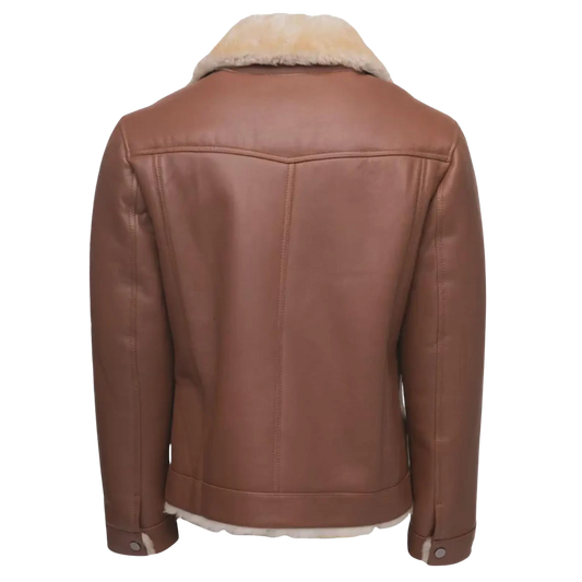 Brown leather jacket with beige fur lining 