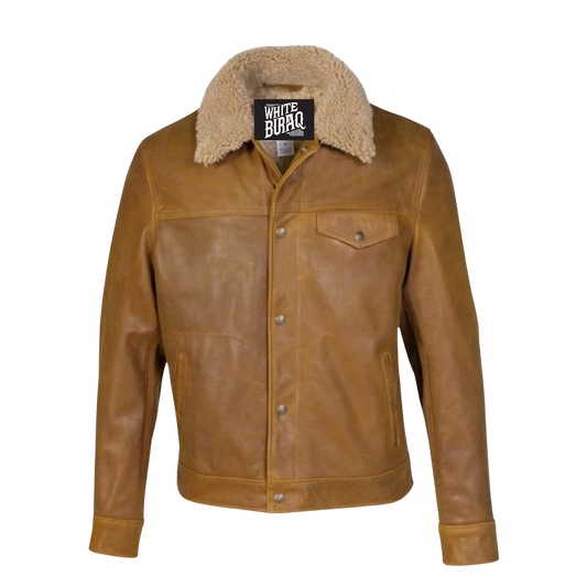 Brown leather jacket with shearling collar 