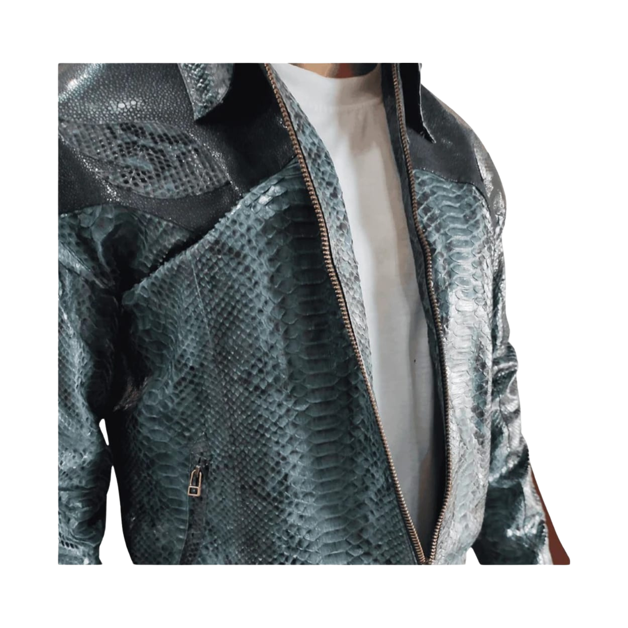 Snakeskin patterned jacket with a white shirt underneath 