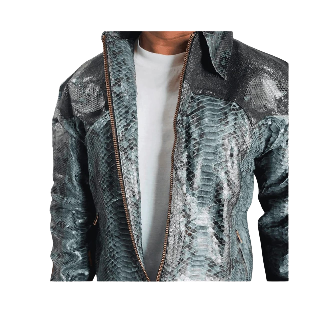 Snakeskin-patterned jacket worn by a person 